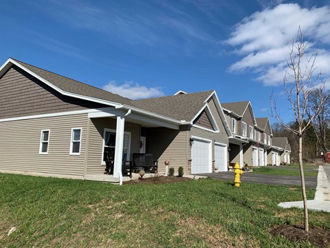a row of houses in a neighborhood with a yellow fire hydrant