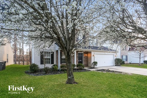 A tree with white blossoms stands in front of a house.