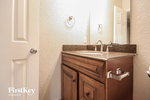 a bathroom with a sink and a mirror