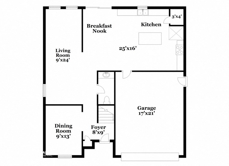 a floor plan of a home with a small kitchen and a living room