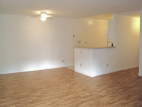 an empty living room with a white wall and wood floor