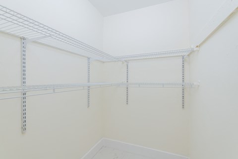 a room with white walls and shelves in a closet