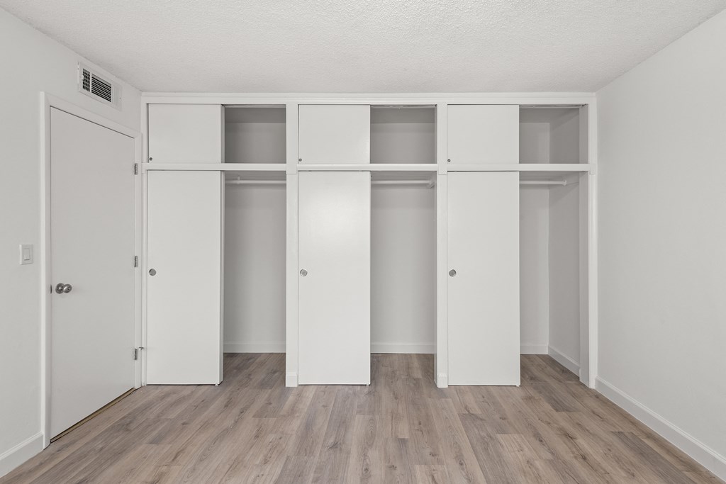an empty room with white closet doors