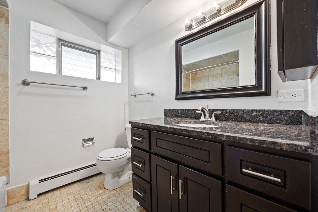 a bathroom with a sink and a toilet and a mirror