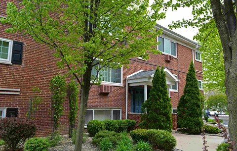 A red brick house with a tree in front.