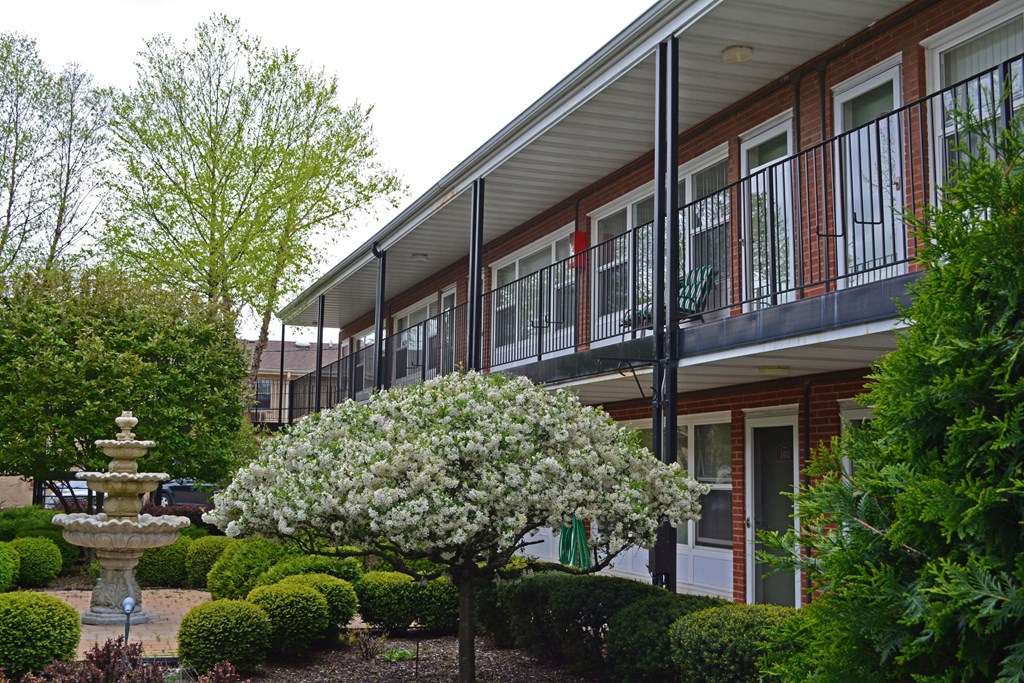 A building with a balcony and a tree with white flowers in front of it.