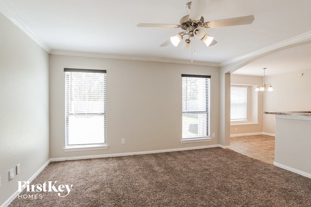 A room with a carpet floor, a ceiling fan, and a window with blinds.