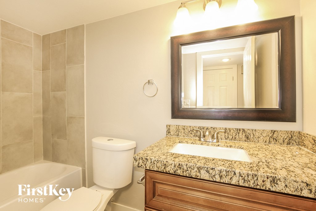 a bathroom with a sink and toilet and a mirror