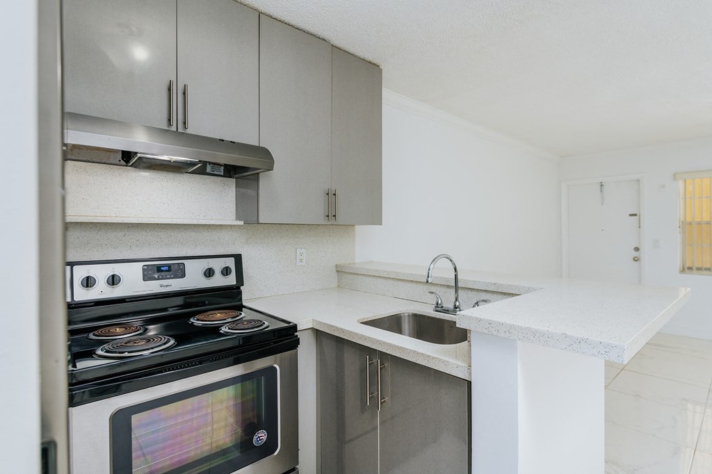 a kitchen with stainless steel appliances and a sink