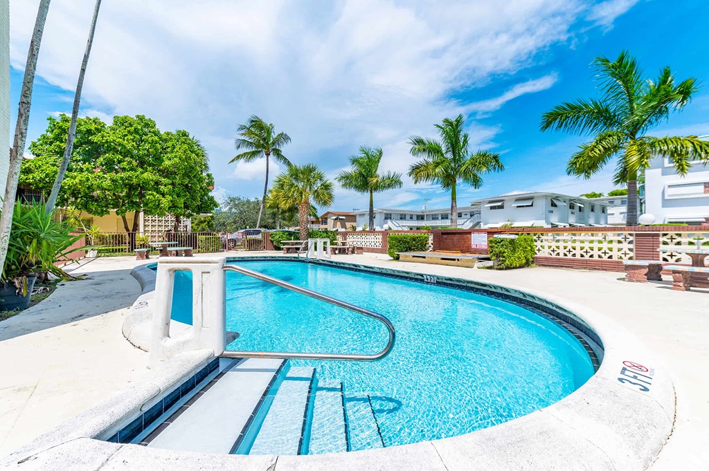 the pool is heated and has palm trees