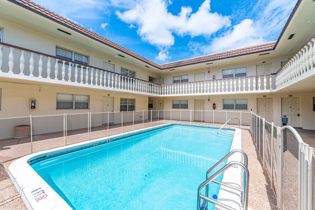 a swimming pool in a building with a blue sky above it