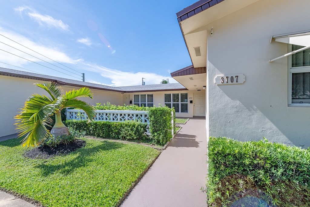 a side by side photo of a house with a palm tree in front of it