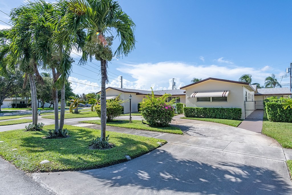 a house with palm trees in front of it on a street