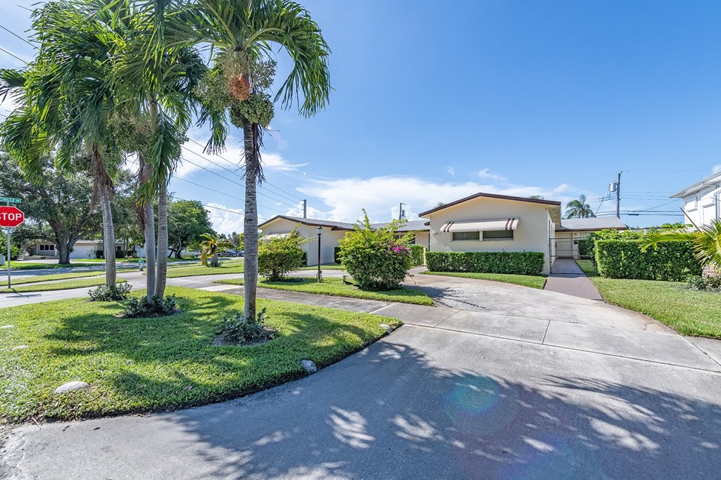 a house with palm trees on the side of a street