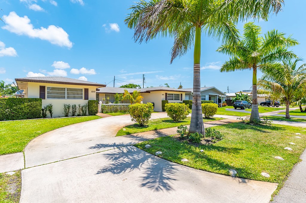 a house with palm trees and a sidewalk in front of it