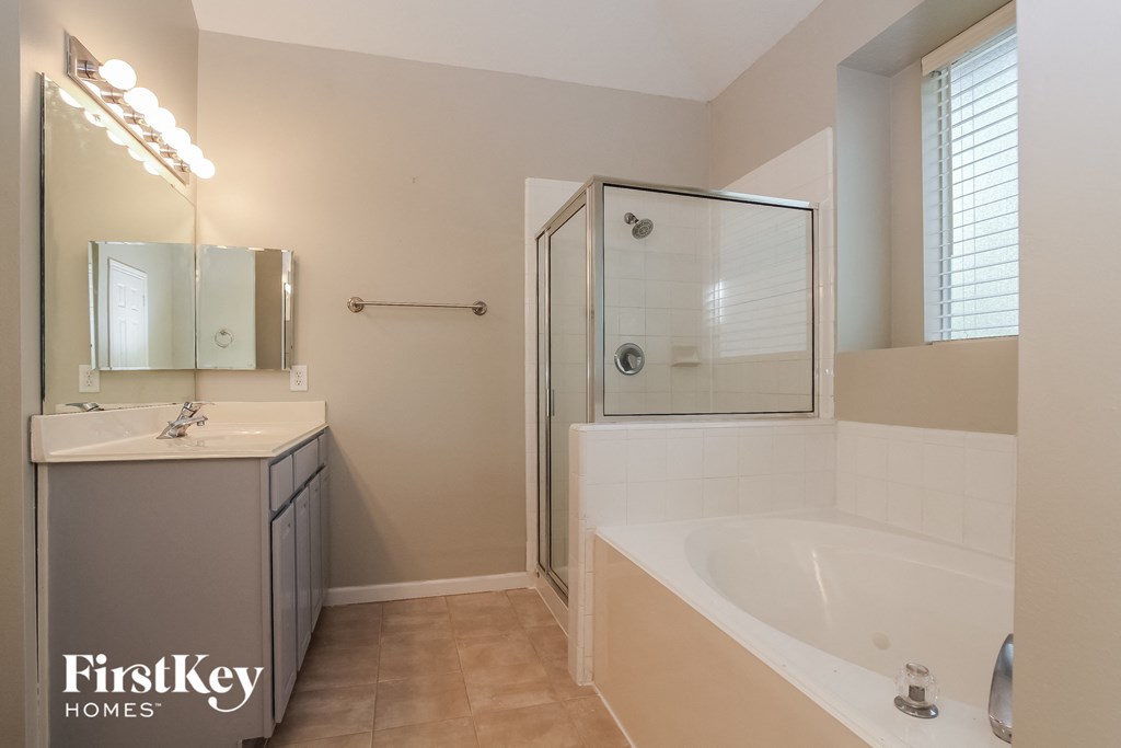 a bathroom with a tub and a sink and a mirror
