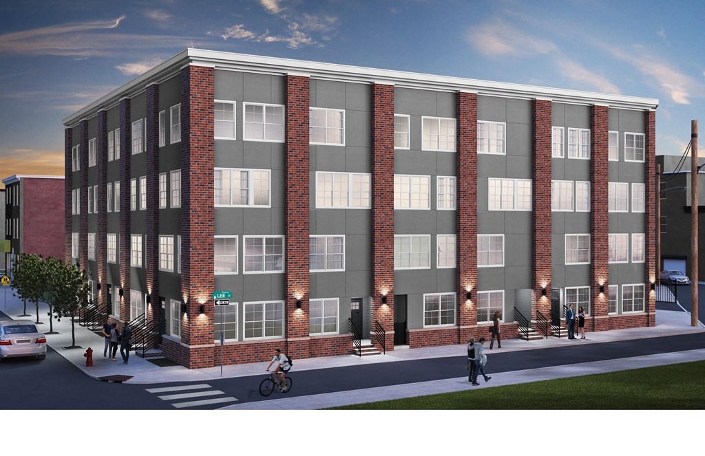 a rendering of a brick apartment building with pedestrians and cyclists