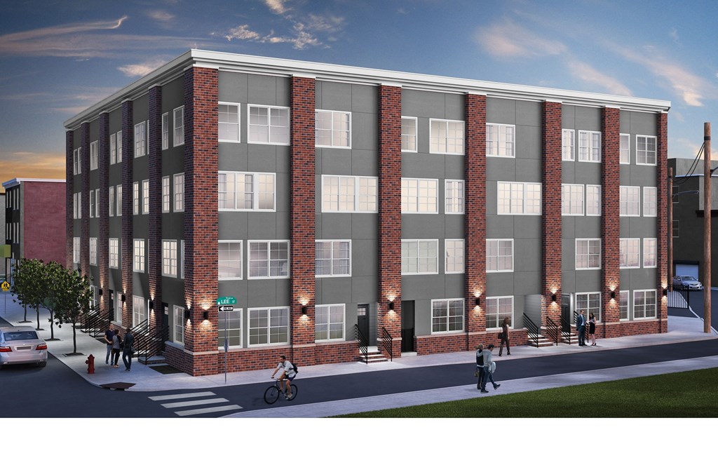 a rendering of a brick apartment building with pedestrians and cyclists