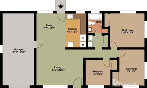 A floor plan of an apartment with a garage, two bedrooms, a living room, a dining room, a kitchen, and a bathroom.