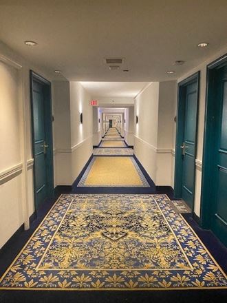a long hallway with doors and a rug on the floor