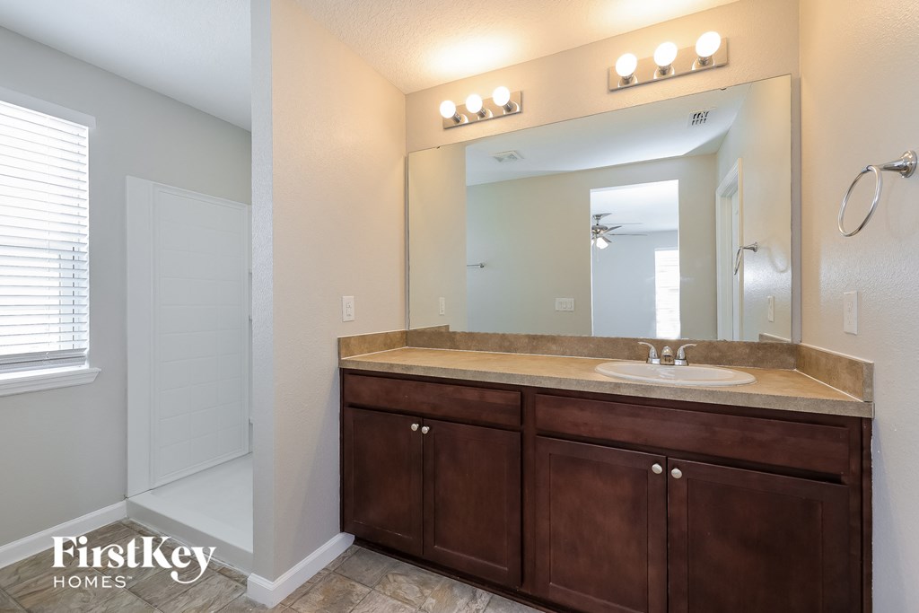 a bathroom with a sink and a mirror and a shower