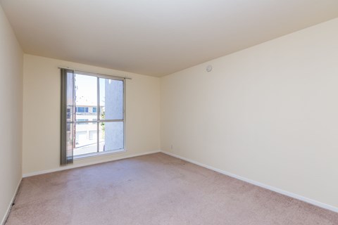 Empty room with a window and carpeted floor.