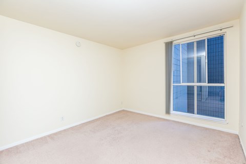 A room with a window and carpeted floor.