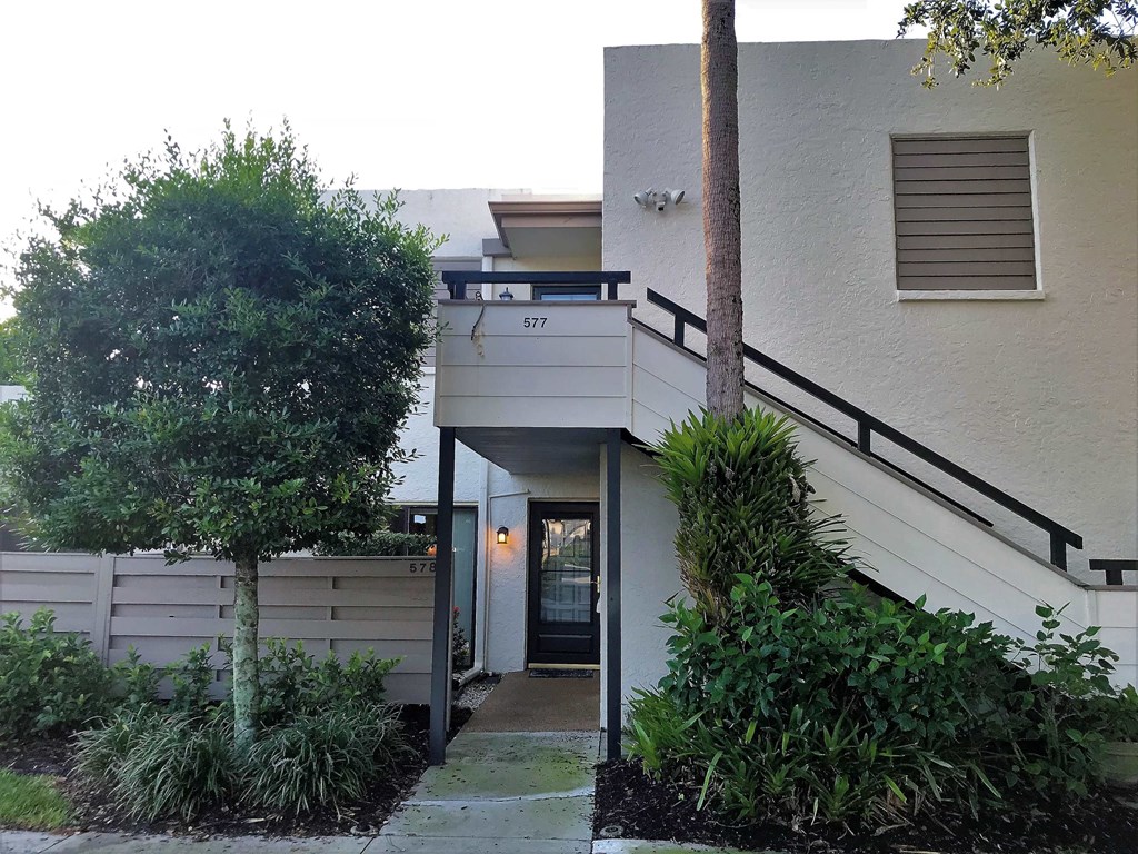 the entrance to a building with a staircase and a tree
