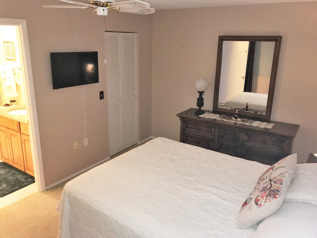 the master bedroom has a large bed and a tv