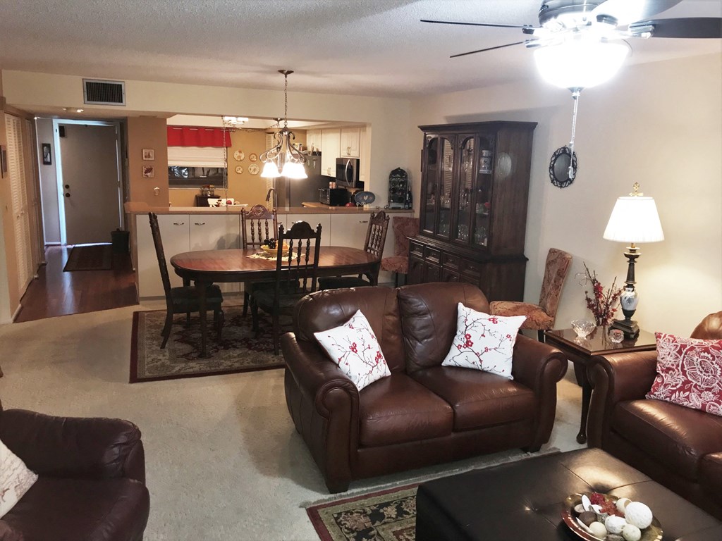 an open living room and kitchen with leather furniture and a dining room table