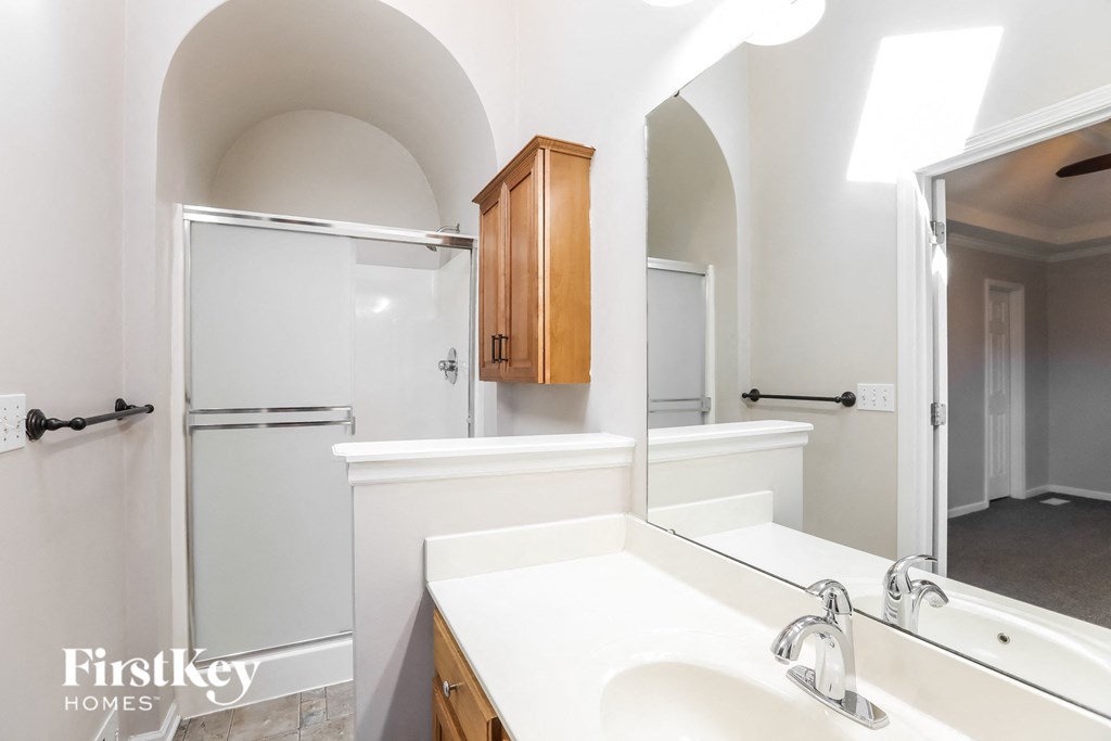 a bathroom with a sink and a shower and a mirror