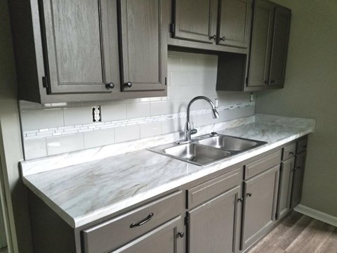 A kitchen with a marble countertop and a sink.