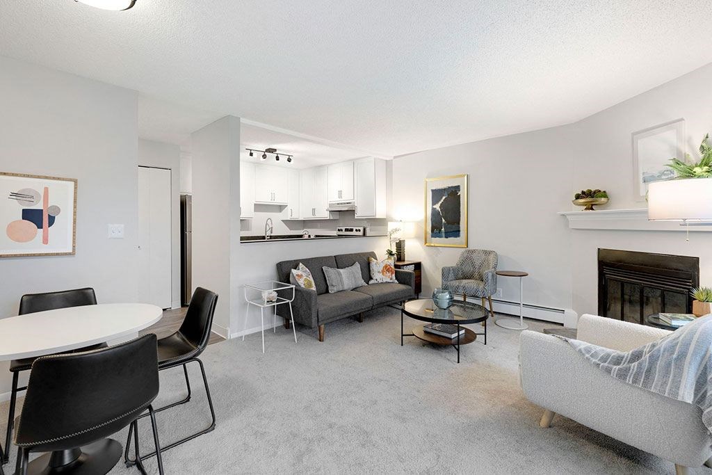 Living room with view of kitchen bar