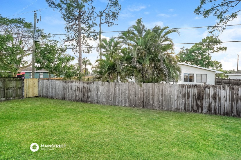 a backyard with a wooden fence and a house behind it