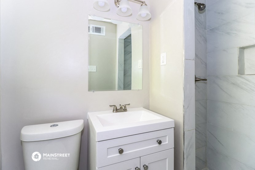 a bathroom with a sink and a mirror and a toilet