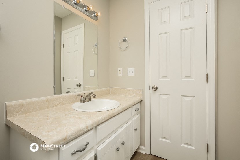 a bathroom with a sink and a mirror and a closet