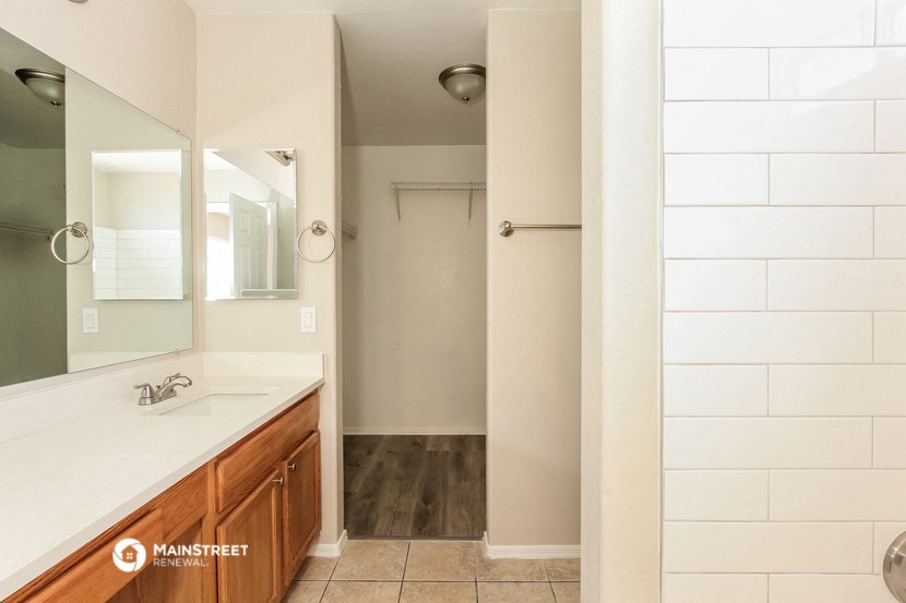 a bathroom with a sink and a mirror and a shower