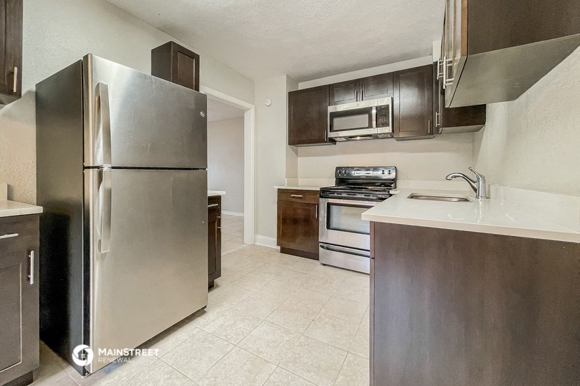 a kitchen with stainless steel appliances and a white counter top