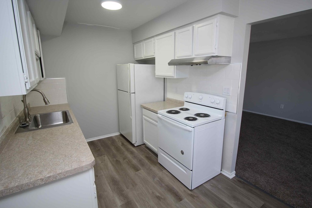 a kitchen with a stove and a refrigerator and a sink