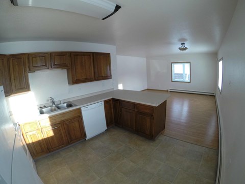 A kitchen with wooden cabinets and a white dishwasher.