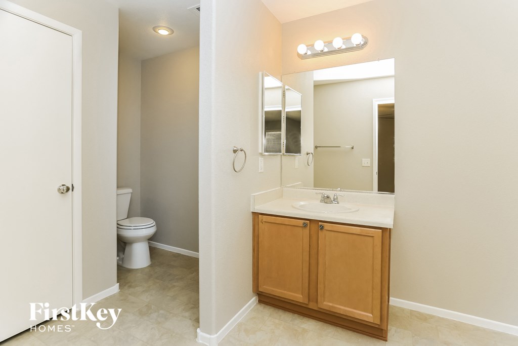 a bathroom with a sink and a toilet and a mirror