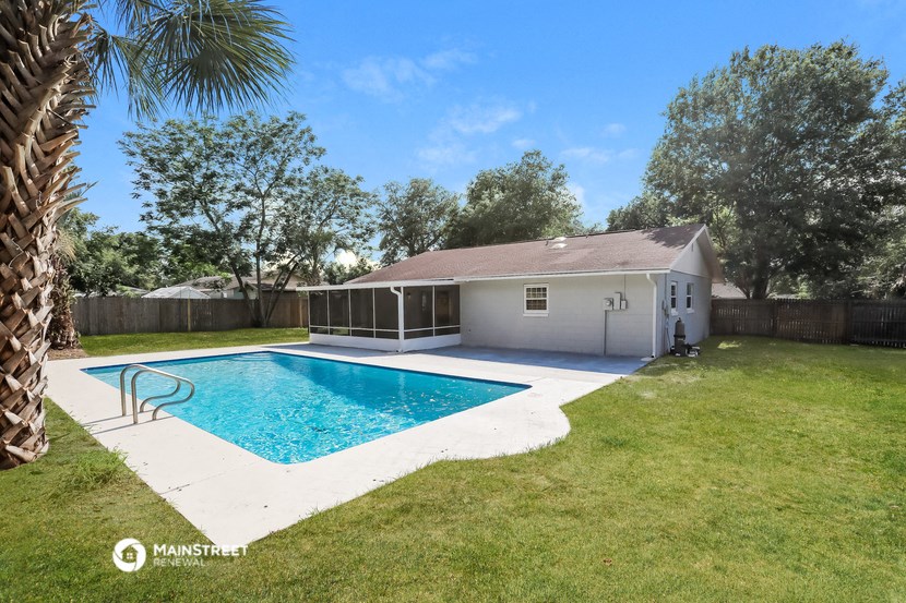 a backyard with a pool and a house