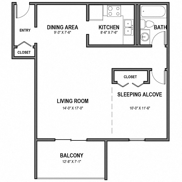 Walnut Crossings Studio and Balcony 655 Sq.Ft. Floor Plan at Walnut Crossings Apartments, Monroeville, PA