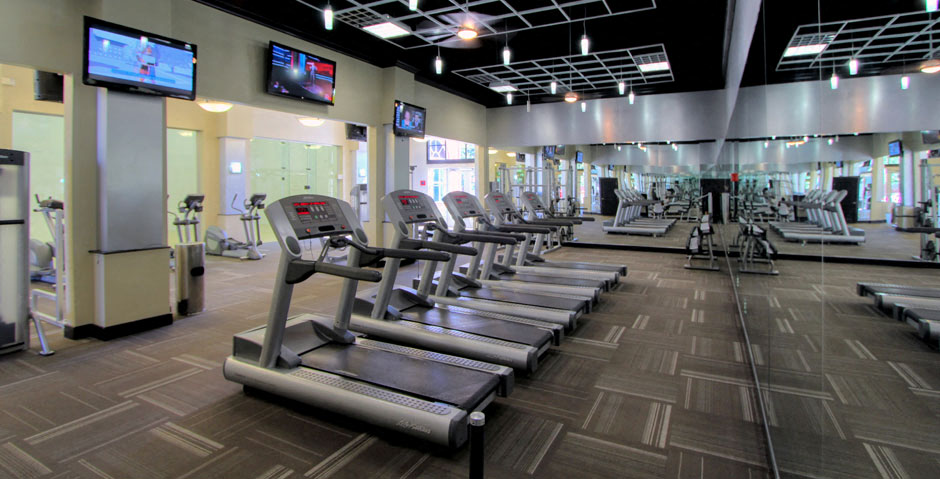 Luxury apartments with huge fitness center with multiple varieties of workout equipment, free weights, yoga and spin rooms at The Lanesborough Apartments in Houston