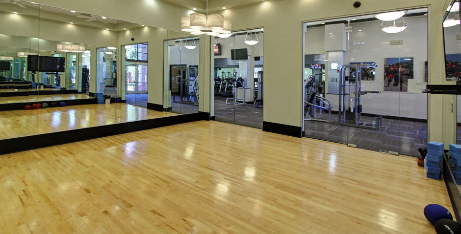 Luxury apartments with huge fitness center with multiple varieties of workout equipment, free weights, yoga and spin rooms at The Lanesborough Apartments in Houston