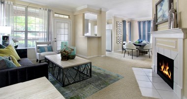 Luxury apartments with spacious open floor plan, woodburning fireplace, and oversized windows at TurtleCreek apartments in West Des Moines, Iowa
