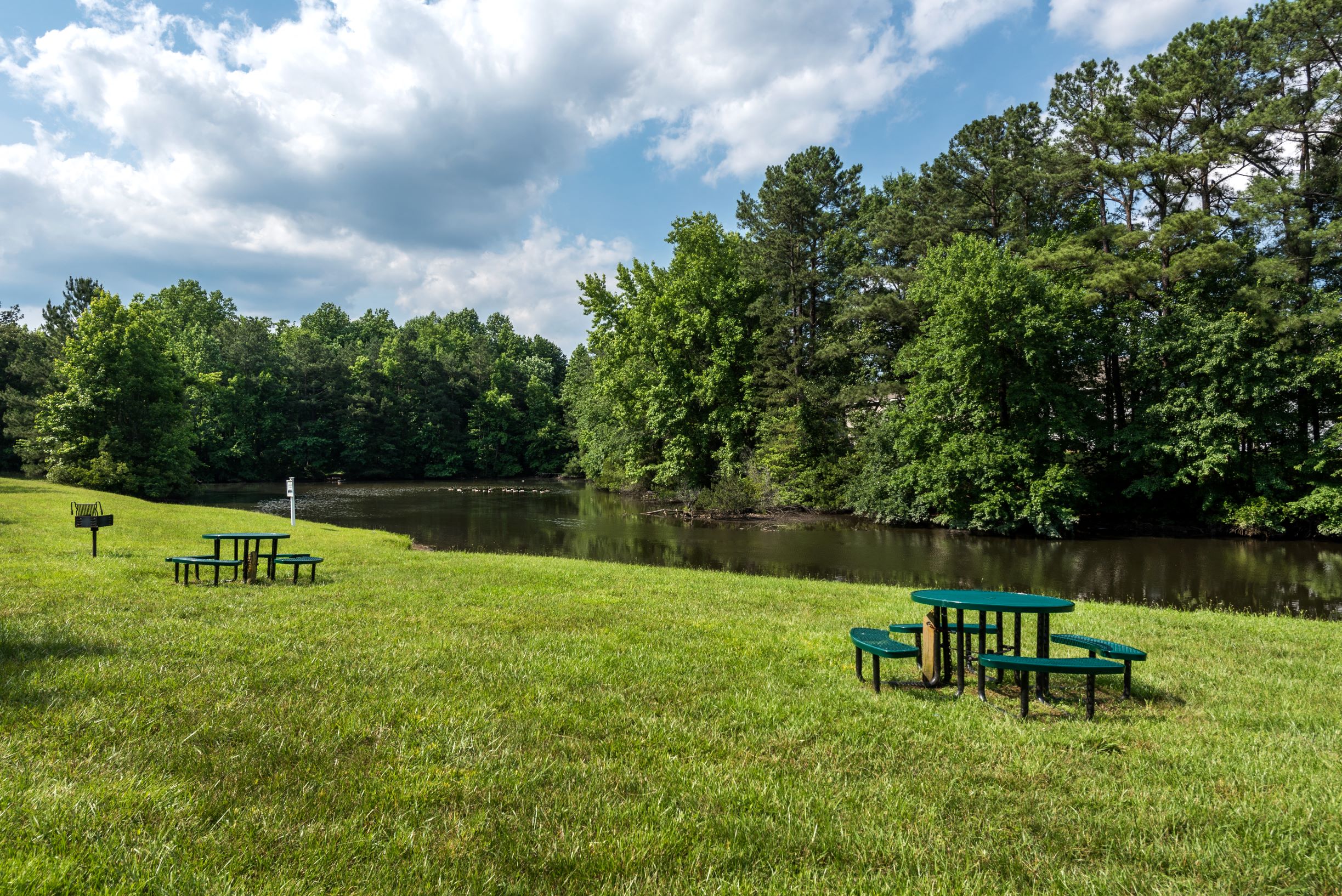 Park area with pond and picnic tables