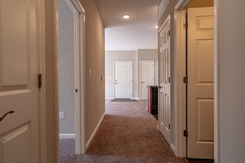 a hallway with a carpeted floor and white doors