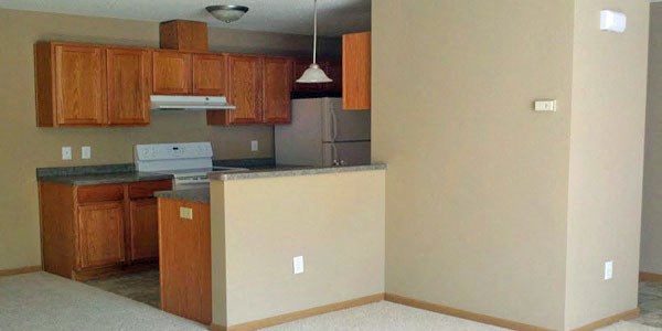 an empty kitchen with wooden cabinets and a counter top