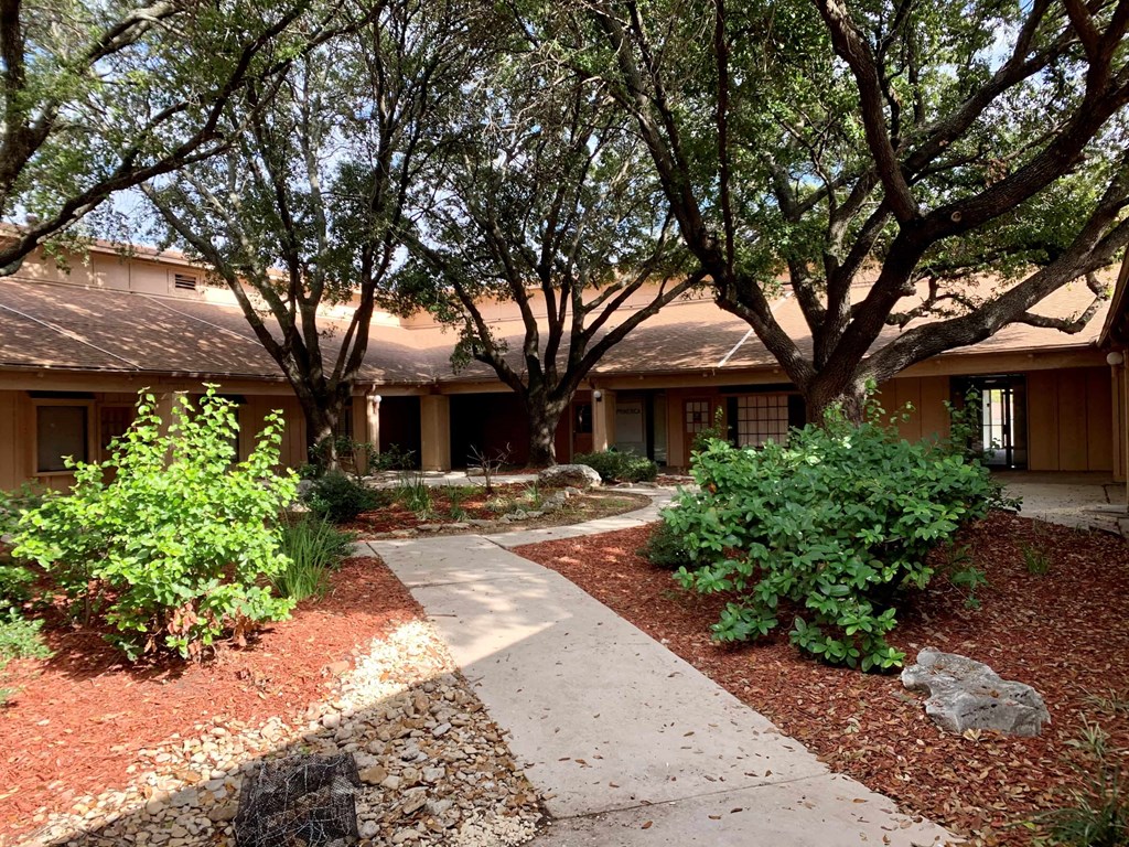 the front of a house with a walkway and trees